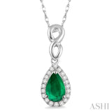 6x4 MM Pear Shape Emerald and 1/10 Ctw Round Cut Diamond Pendant in 10K White Gold with Chain