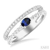 1/5 ctw Round Cut Diamond and 4X3MM Oval Shape Sapphire Precious Split Twin Ring in 10K White Gold