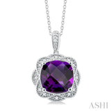 1/20 ctw Cushion Cut 10X10MM Amethyst and Round Cut Diamond Semi Precious Pendant With Chain in Sterling Silver