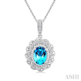 1/20 ctw Oval Cut 8X6MM Blue Topaz and Round Cut Diamond Semi Precious Pendant With Chain in Sterling Silver