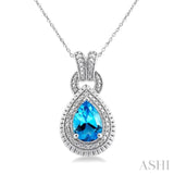 1/20 ctw Pear Cut 10X7MM Blue Topaz and Round Cut Diamond Semi Precious Pendant With Chain in Sterling Silver