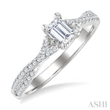 1/2 Ctw Criss Cross Shank Round Cut Diamond Engagement Ring With 1/3 Ct Emerald Cut Diamond Center Stone in 14K White Gold