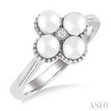 4 MM Clover Cultured Pearl and 1/50 Ctw Round Cut Diamond Fashion Ring in 10K White Gold