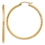 14k Satin and Diamond-cut 2mm Round Tube Hoop Earrings