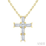 1/6 Ctw Princess and Baguette Cut Diamond Cross Petite Fashion Pendant With Chain in 10K Yellow Gold