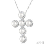 4 MM Cross Cultured Pearl and 1/3 Ctw Round Cut Diamond Pendant With Chain in 14K White Gold