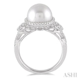 10 MM Cultured Pearl and 3/8 Ctw Round Cut Diamond Ring in 14K White Gold