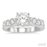 1/2 Ctw Zigzag Shank Baguette and Round Cut Diamond Semi-Mount Engagement Ring in 14K White Gold