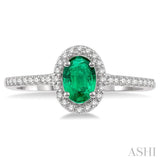 6x4 MM Oval Shape Emerald and 1/5 Ctw Single Cut Diamond Precious Ring in 10K White Gold