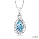 5x3 MM Pear Shape Aquamarine and 1/20 Ctw Single Cut Diamond Halo Semi-Precious Pendant with Chain in 10K White Gold