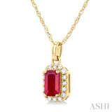 5x3 MM Octagonal Shape Ruby and 1/20 Ctw Single Cut Diamond Halo Precious Pendant with Chain in 10K Yellow Gold