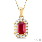 5x3 MM Octagonal Shape Ruby and 1/20 Ctw Single Cut Diamond Halo Precious Pendant with Chain in 10K Yellow Gold