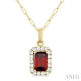 6x4 MM Octagonal Shape Garnet and 1/6 Ctw Round Cut Diamond Halo Semi-Precious Pendant with Chain in 14K Yellow Gold