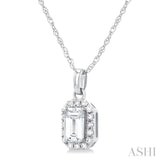 5x3 MM Octagonal Shape White Topaz and 1/20 Ctw Single Cut Diamond Halo Semi-Precious Pendant with Chain in 14K White Gold