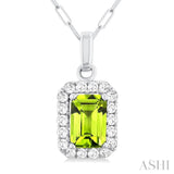 6x4 MM Octagonal Shape Peridot and 1/6 Ctw Round Cut Diamond Halo Semi-Precious Pendant with Chain in 14K White Gold