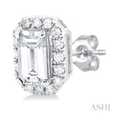 5x3 MM Octagonal Shape White Topaz and 1/8 Ctw Single Cut Diamond Halo Semi-Precious Stud Earrings in 14K White Gold