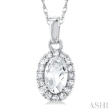 5x3 MM Oval Shape White Topaz and 1/20 Ctw Single Cut Diamond Halo Semi-Precious Pendant with Chain in 10K White Gold