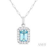6x4 MM Octagonal Shape Aquamarine and 1/6 Ctw Round Cut Diamond Halo Semi-Precious Pendant with Chain in 14K White Gold