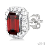 5x3 MM Octagonal Shape Garnet and 1/8 Ctw Single Cut Diamond Halo Semi-Precious Stud Earrings in 14K White Gold