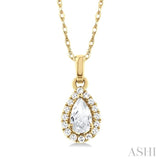 5x3 MM Pear Shape White Topaz and 1/20 Ctw Single Cut Diamond Halo Semi-Precious Pendant with Chain in 14K Yellow Gold