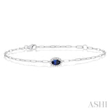 5x3 MM Oval Cut Sapphire and 1/20 Ctw Single Cut Diamond Halo Precious Paperclip Bracelet in 10K White Gold