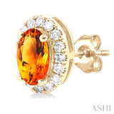 5x3 MM Oval Shape Citrine and 1/8 Ctw Single Cut Diamond Halo Semi-Precious Stud Earrings in 14K Yellow Gold