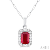 6x4 MM Octagonal Shape Ruby and 1/6 Ctw Round Cut Diamond Halo Precious Pendant with Chain in 14K White Gold