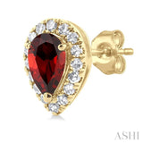 5x3 MM Pear Shape Garnet and 1/8 Ctw Single Cut Diamond Halo Semi-Precious Stud Earrings in 10K Yellow Gold