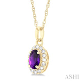 5x3 MM Oval Shape Amethyst and 1/20 Ctw Single Cut Diamond Halo Semi-Precious Pendant with Chain in 14K Yellow Gold