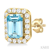 6x4 MM Octagonal Shape Aquamarine and 1/4 Ctw Round Cut Diamond Halo Semi-Precious Stud Earrings in 10K Yellow Gold