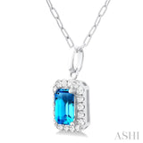 6x4 MM Octagonal Shape Blue Topaz and 1/6 Ctw Round Cut Diamond Halo Semi-Precious Pendant with Chain in 10K White Gold