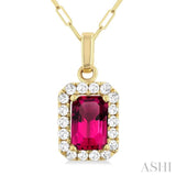 6x4 MM Octagonal Shape Pink Tourmaline and 1/6 Ctw Round Cut Diamond Halo Semi-Precious Pendant with Chain in 14K Yellow Gold