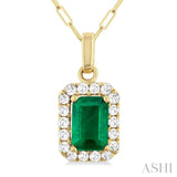 6x4 MM Octagonal Shape Emerald and 1/6 Ctw Round Cut Diamond Halo Precious Pendant with Chain in 14K Yellow Gold