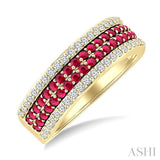 3/8 Ctw Twin Row 1.50MM Round Cut Ruby and Round Cut Diamond Border Precious Fashion Band in 14K Yellow Gold