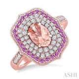 7X5 MM Oval Shape Morganite and 1.25 MM Round Shape Pink Sapphire and 1/3 Ctw Round Cut Diamond Precious & Semi-Precious Fashion Ring in 14K Rose Gold