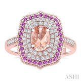 7X5 MM Oval Shape Morganite and 1.25 MM Round Shape Pink Sapphire and 1/3 Ctw Round Cut Diamond Precious & Semi-Precious Fashion Ring in 14K Rose Gold