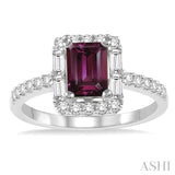 7X5 MM Emerald Cut Rhodolite Garnet and 1/2 Ctw Diamond Semi-Precious Ring in 14K White Gold