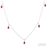 5X3 MM Pear Shape Ruby and 1/4 Ctw Round Cut Diamonds Precious Station Necklace in 14K White Gold