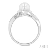 7x7 MM Round Shape Cultured Pearl and 1/50 Ctw Bypass Round Cut Diamond Ring in Sterling Silver