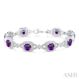 7X7 MM Cushion Shape Amethyst and 1/10 Ctw Round Cut Diamond Semi-Precious Bracelet in Sterling Silver