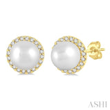 5.5 MM Round Shape Cultured Pearls and 1/8 Ctw Petite Round Cut Diamond Halo Fashion Stud Earrings in 10K Yellow Gold