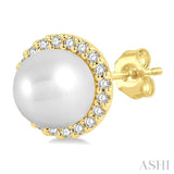 5.5 MM Round Shape Cultured Pearls and 1/8 Ctw Petite Round Cut Diamond Halo Fashion Stud Earrings in 10K Yellow Gold