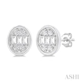 1/5 ctw Petite Bezel Set Oval Shape Fusion Baguette and Round Cut Diamond Fashion Stud Earring in 10K White Gold