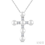 4 MM Cross Cultured Pearl and 1/6 Ctw Round Cut Diamond Fashion Pendant With Chain in 10K White Gold