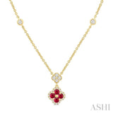 2.4 MM Round Shape Ruby and 1/4 Ctw Clover Round Cut Diamond Station Necklace in 14K Yellow Gold
