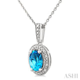 7X5 MM Oval Shape Blue Topaz and 1/50 Ctw Single Cut Diamond Semi-precious Pendant With Chain in Sterling Silver