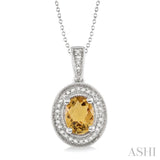 Silver Oval Shape Gemstone & Diamond Pendant