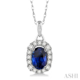 6x4 MM Oval Cut Sapphire and 1/6 Ctw Round Cut Diamond Pendant in 14K White Gold with Chain