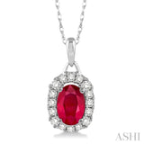 6x4 MM Oval Cut Ruby and 1/6 Ctw Round Cut Diamond Pendant in 14K White Gold with Chain
