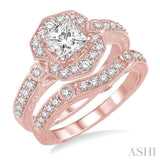 1 1/3 Ctw Diamond Wedding Set with 1 1/10 Ctw Princess Cut Engagement Ring and 1/4 Ctw Wedding Band in 14K Rose Gold